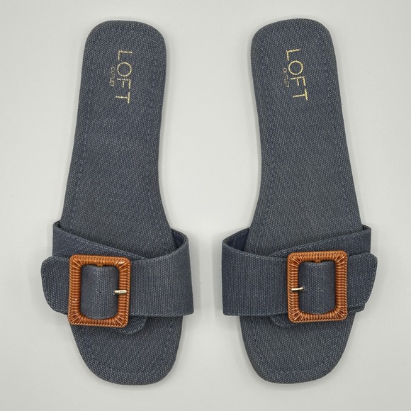 LOFT Outlet Blue Fabric Slides Flat Sandals Slip On with Brown Buckle Womens 10M - Picture 7 of 9